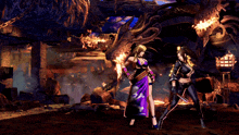a video game scene with a dragon and two women