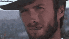a close up of a man with a beard wearing a cowboy hat .