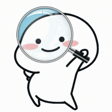 a cartoon character is looking through a magnifying glass with a smile on his face .