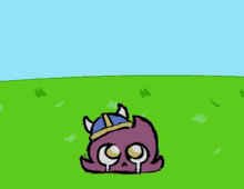 a cartoon drawing of a purple octopus wearing a viking hat and crying