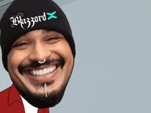 a man with a beard wearing a black beanie that says hazard