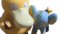 a yellow duck and a blue stuffed animal are standing next to each other on a white background