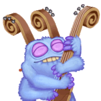 a blue monster with purple eyes is holding a cello