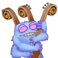 a blue monster with purple eyes is holding a cello