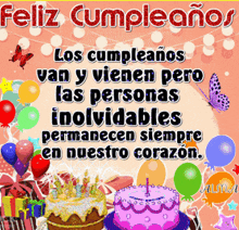 a birthday card with a cake and balloons and the words feliz cumpleanos