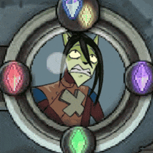 a cartoon character with a cross on his chest is surrounded by colored balls