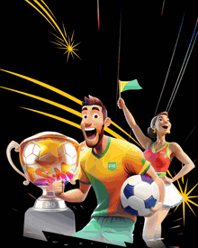 a man and a woman are holding a soccer ball and a trophy that says pg