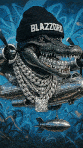 an illustration of a crocodile wearing a beanie that says blazzard on it