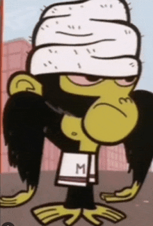 a cartoon monkey with a bandage on his head and the letter m on his shorts