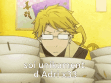 a man with glasses is standing in front of a pile of bowls with the words soi unikament d adri x33