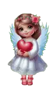 a little girl with wings is holding a red heart