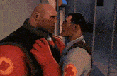 a cartoon of two men kissing each other in a room .