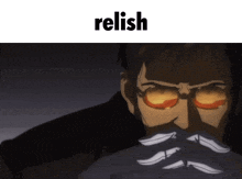 a picture of a man with glasses and the word relish below him