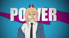 a cartoon drawing of a girl with horns and the word power behind her