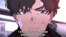 a man with a bandage on his face is talking about kicking some more ass