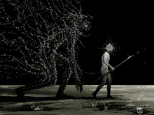 a black and white drawing of a man holding a stick walking towards a monster