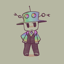 a drawing of a robot wearing a top hat and a rainbow jacket
