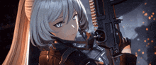 a girl is holding a gun with the number 10 on the barrel