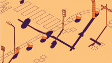 an isometric drawing of a person riding a bike across a street