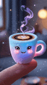 a person is holding a cup of coffee with a cartoon face on it .