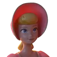 a cartoon doll wearing a red hat and a pink dress