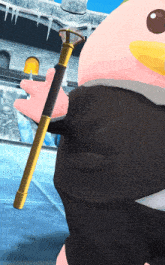 a cartoon character is holding a cane in front of a building