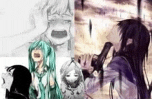 a group of anime girls are standing next to each other and one of them is holding a gun .
