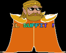 a pixel art of a man with a beard and sunglasses with the words il suffit below him