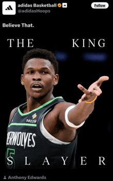 an ad for adidas basketball shows a man in a jersey that says ' the king slayer ' on it