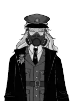 a black and white drawing of a man in a gas mask