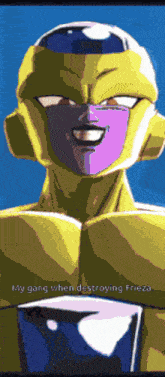 a pixelated image of a cartoon character with the words " my gang when destroying frieza " on the bottom