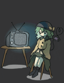 a drawing of a girl sitting in front of a tv with a static screen