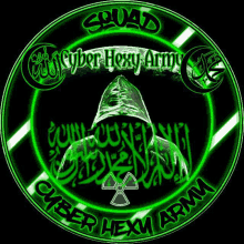 a logo for the squad cyber hexy army shows a man in a hood