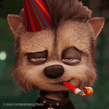 a cartoon dog wearing a party hat and holding a party horn in its mouth