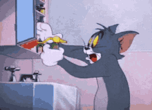 a cartoon of tom and jerry cleaning a bathroom cabinet