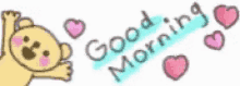 a drawing of a dog with the words `` good morning '' and hearts around it .