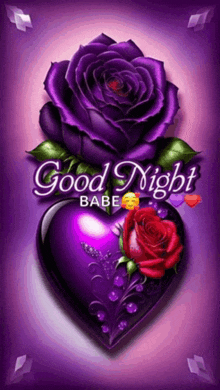 a purple heart with a purple rose on top and the words good night babe