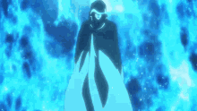 a person wearing a cape is standing in front of a blue background .