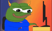 a cartoon of a green frog with horns looking at a computer screen