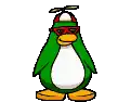 a green penguin wearing sunglasses and a hat is standing on a white background .