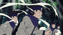 a group of anime characters are running in a line and one has the letter a on his headband