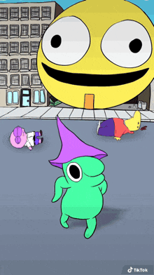 a cartoon drawing of a giant smiley face and a green character with a purple hat