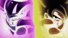 goku and frieza are fighting each other in a purple and yellow cartoon .