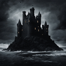 a black and white photo of a castle on a small island