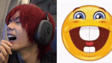 a man with red hair wearing headphones next to a smiling smiley face
