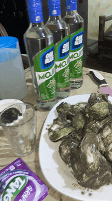 three bottles of mojito next to a plate of oysters and a bag of grape tang