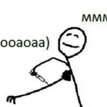 a black and white drawing of a stick figure with a smiley face holding a book .