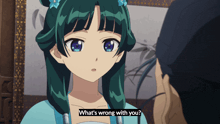 a girl in a blue dress is talking to a man and says what 's wrong with you