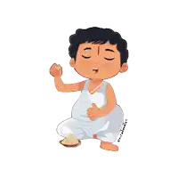 a cartoon drawing of a boy kneeling down and eating food