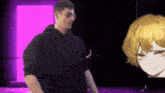 a man in a black hoodie is standing in front of a purple door and a girl with yellow hair .